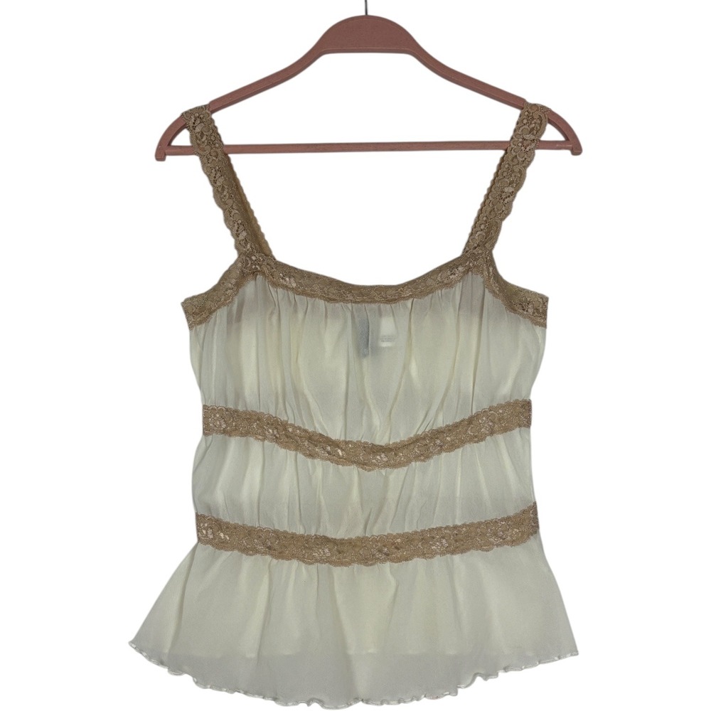 Vintage Y2k Nude White Lace Trim Tiered Camisole Tank Top Womens Sz S Fairy